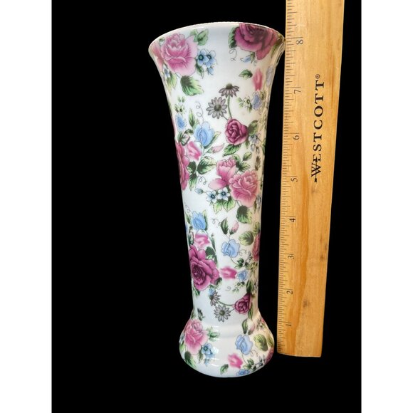 Vintage Va Bene Pink Flower Floral Handpainted Porcelain Vase 8" - Picture 5 of 8
